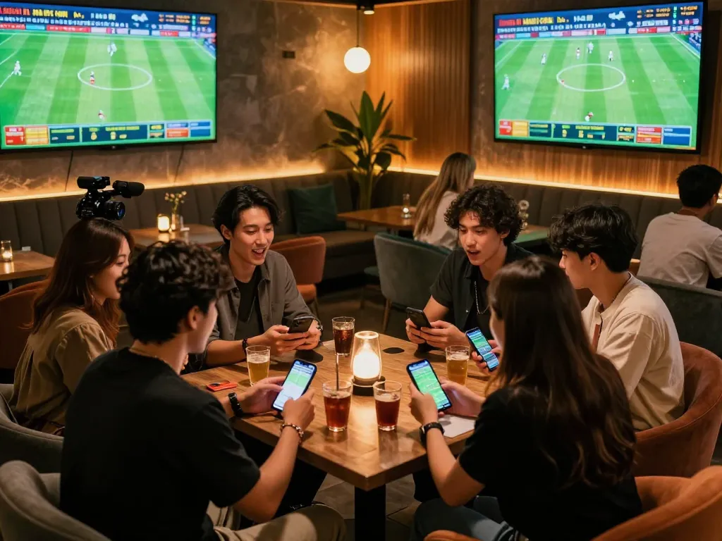 Tỷ lệ kèo nhà cái hôm nay showcased in an exciting sports betting lounge with friends placing bets