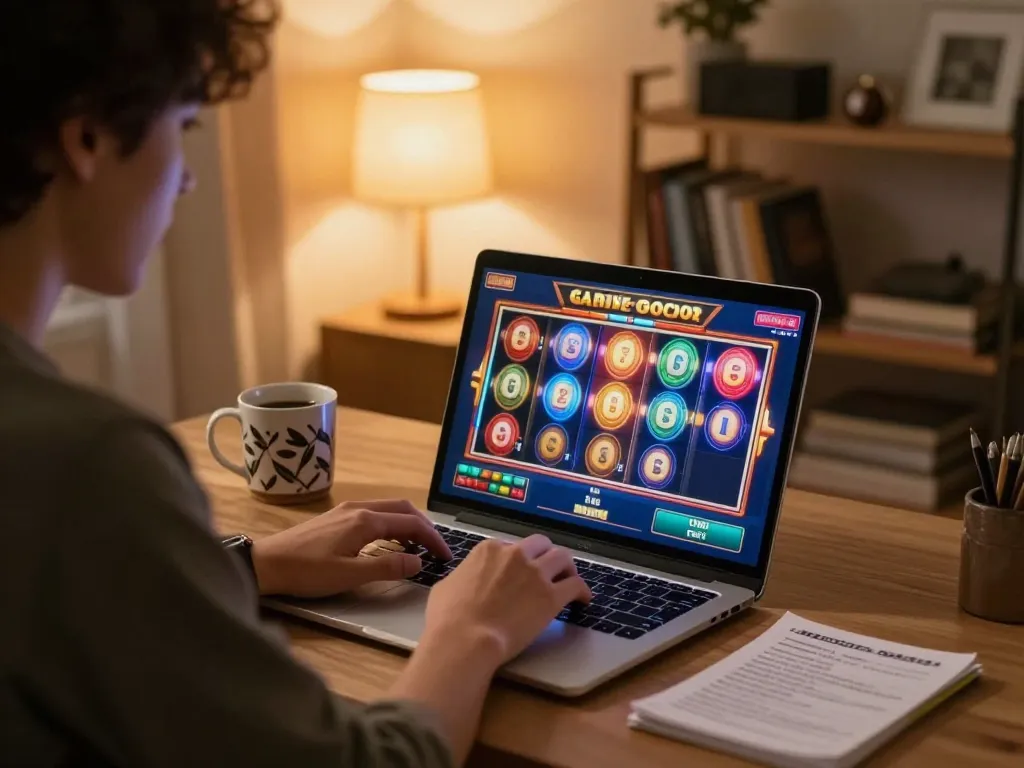 Engaging in a slot gacor game on a laptop, showcasing casino action in a cozy home setting.