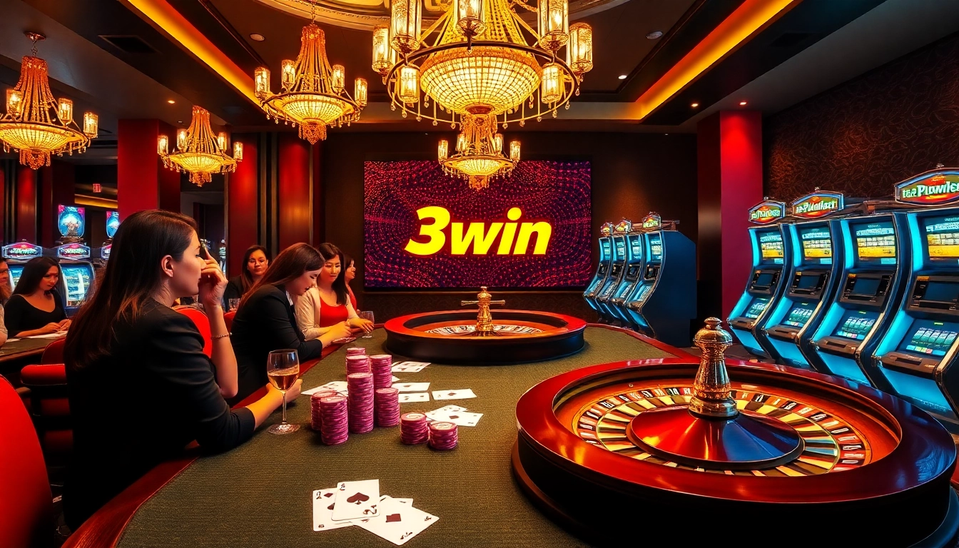Casino scene showcasing poker chips and a roulette wheel with 3win branding, highlighting a vibrant gambling ambiance.
