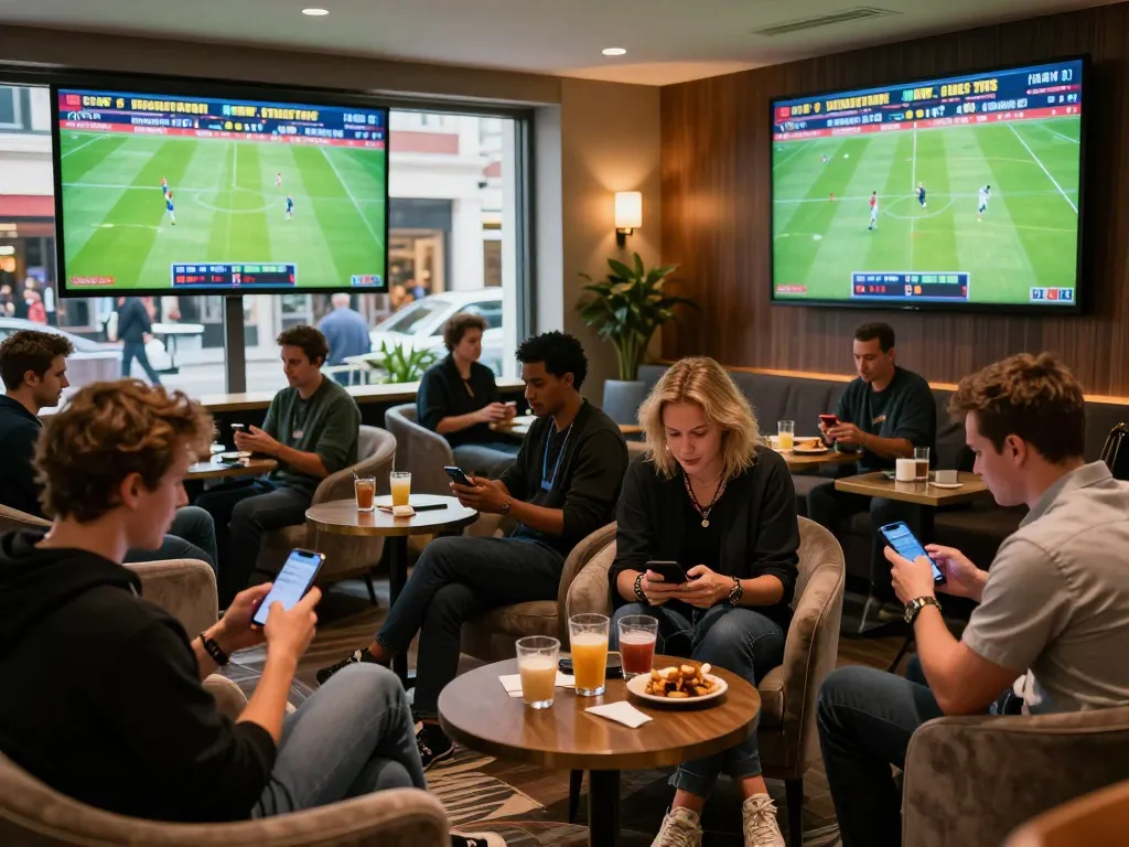 Tỷ lệ kèo nhà cái hôm nay showcased in a vibrant sports betting lounge with fans engaging eagerly.