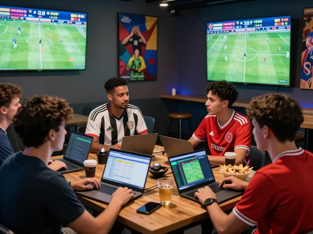 Group of friends enjoying live betting on Nowgoal in a vibrant gaming lounge.