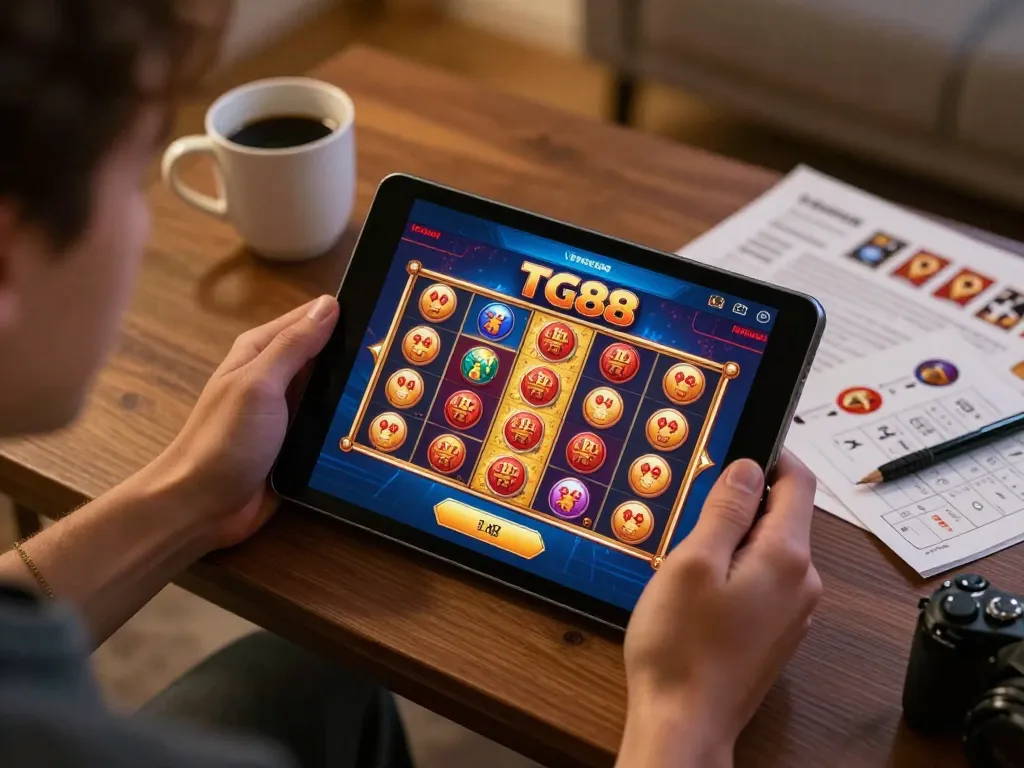 Engaged player using the TG88 app for online gambling action in a cozy home environment