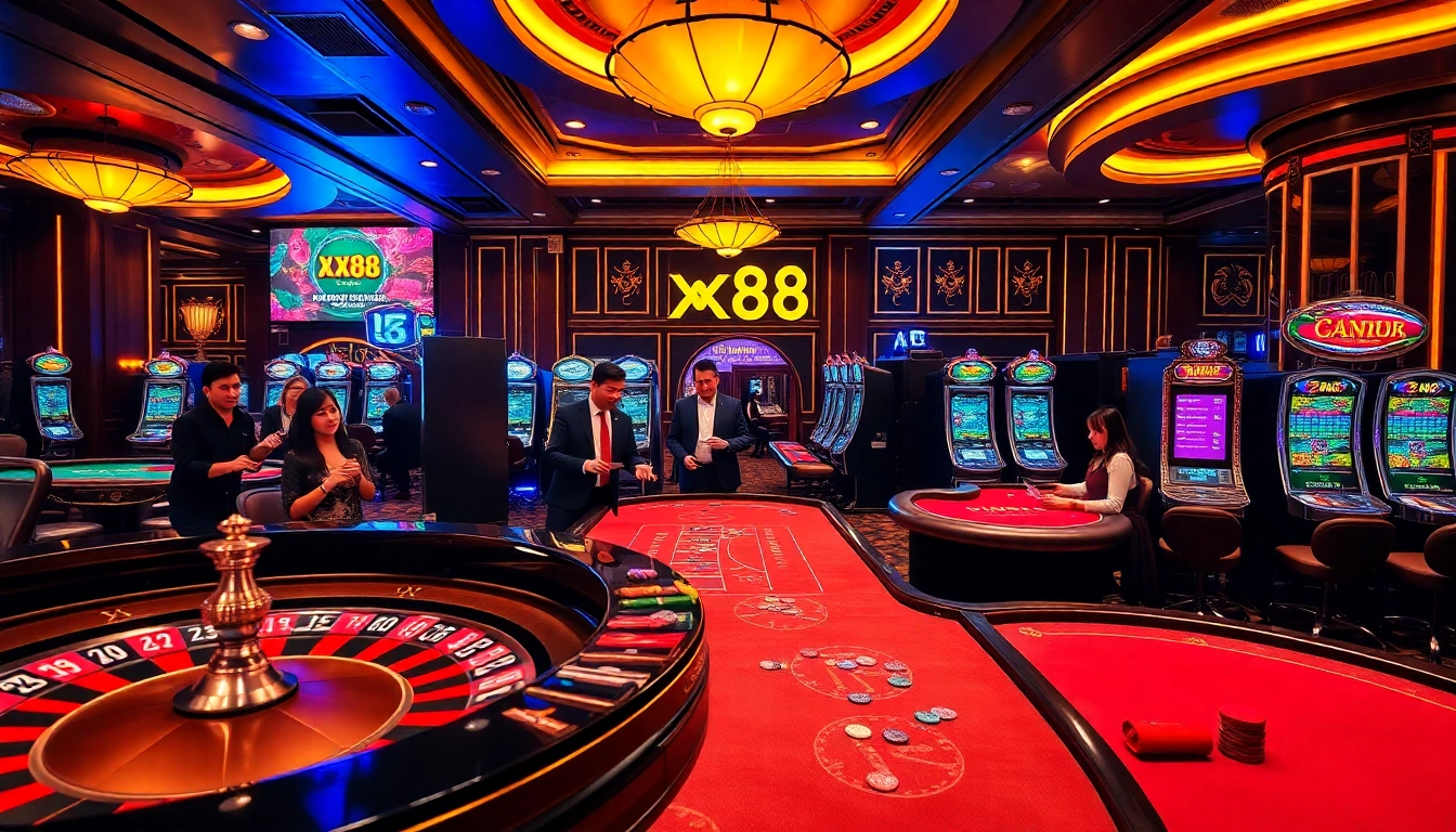 Players celebrating wins at xx88 casino tables with action-packed roulette and poker games.