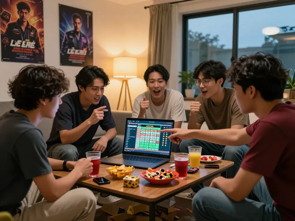 Friends strategizing while playing lô đề online, showcasing vibrant snacks and a cozy atmosphere.