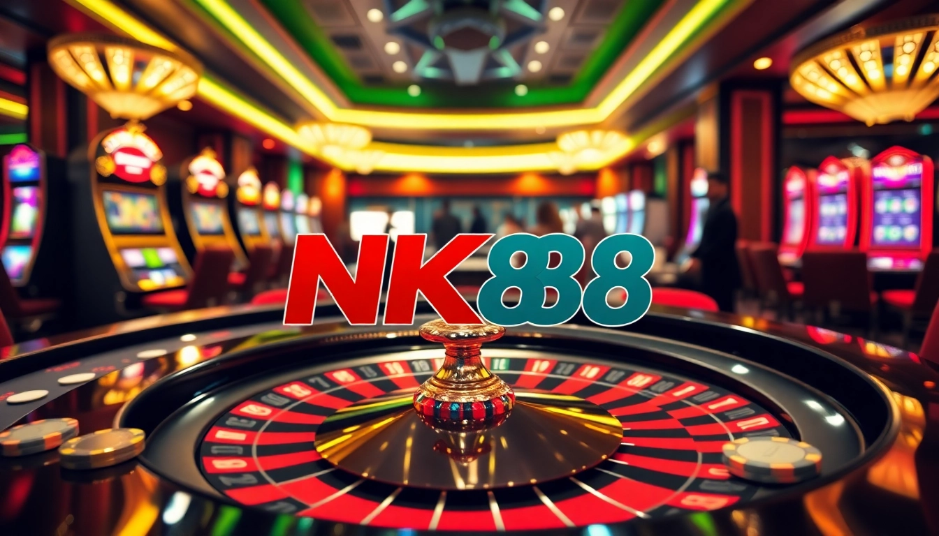 Players enjoying high-stakes games at NK88 casino with vibrant poker chips and roulette wheel.