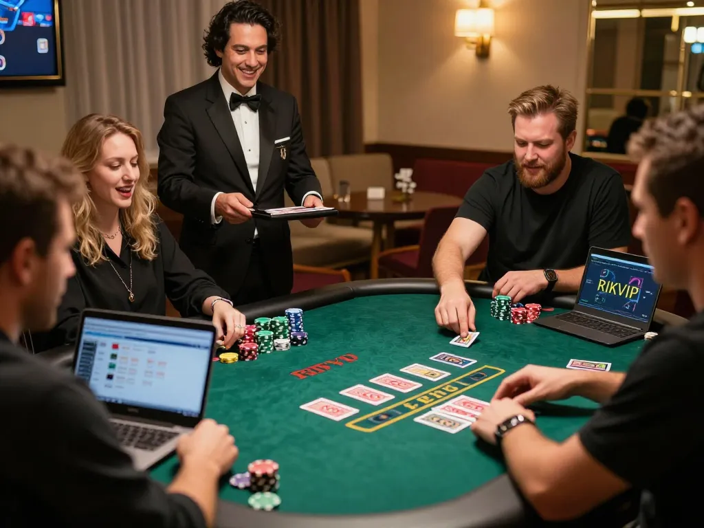 Players engage in a live dealer blackjack game at RIKVIP, showcasing interactive online gambling experience.