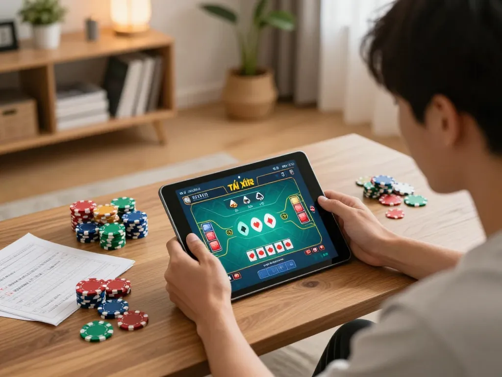 Engaging scene of a player in a cozy home using tablet for tài xỉu online gaming with strategy notes around