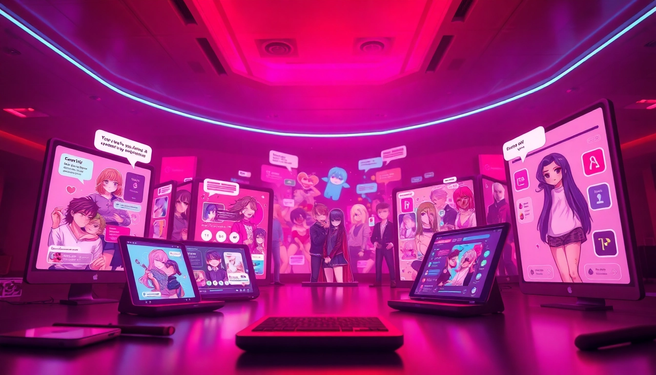 Dynamic visualization of NSFW AI platforms, showcasing vibrant interfaces and creative character designs.