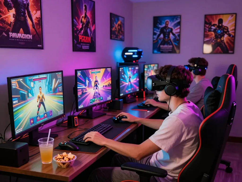 Immersive scene of a gamer playing porn games in a colorful gaming lounge.