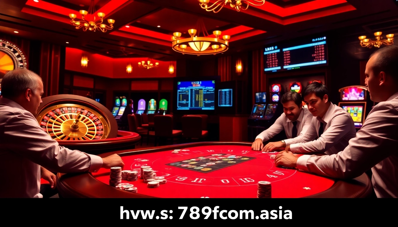 Experience high-stakes gaming at https://789fcom.asia/ with a vibrant casino scene featuring poker chips and cards.