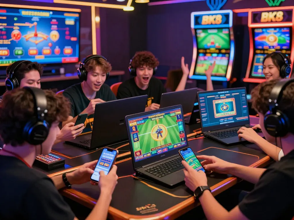 Exciting BK8 online gaming scene showing players engaged in bets on devices with vibrant game graphics.