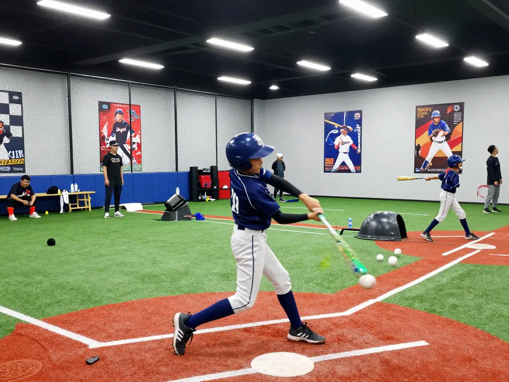 A young athlete at the hitclub practicing batting techniques in a bright training facility.