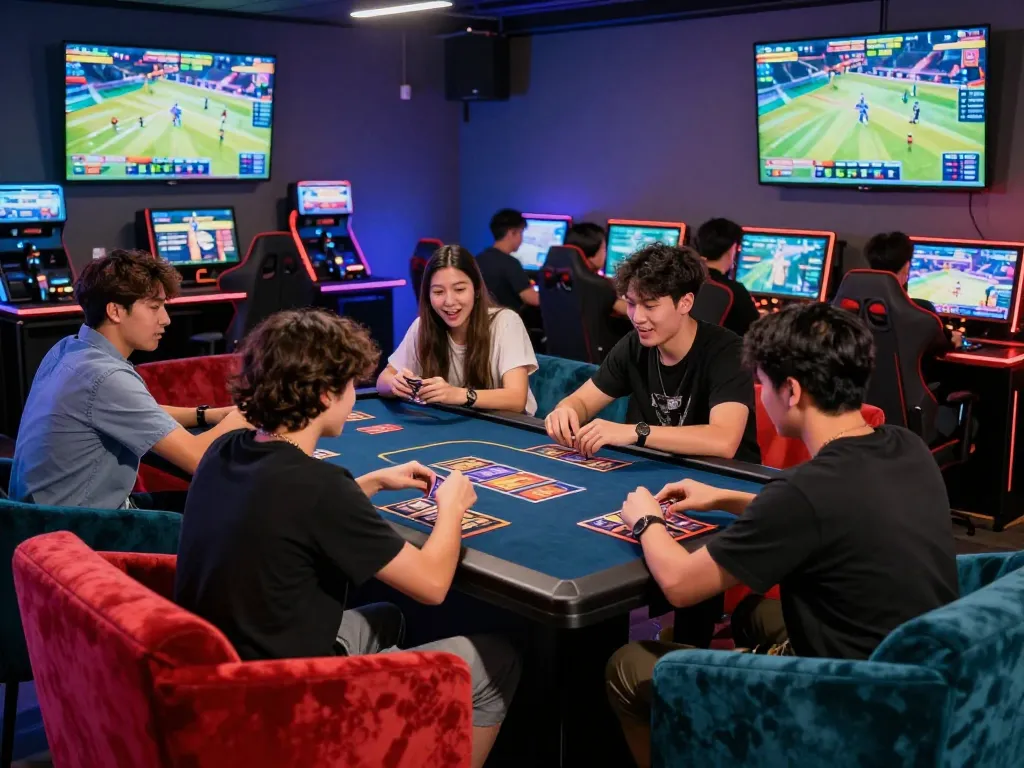 Engaging gaming experience at Hit Club with friends playing card games together in a vibrant lounge