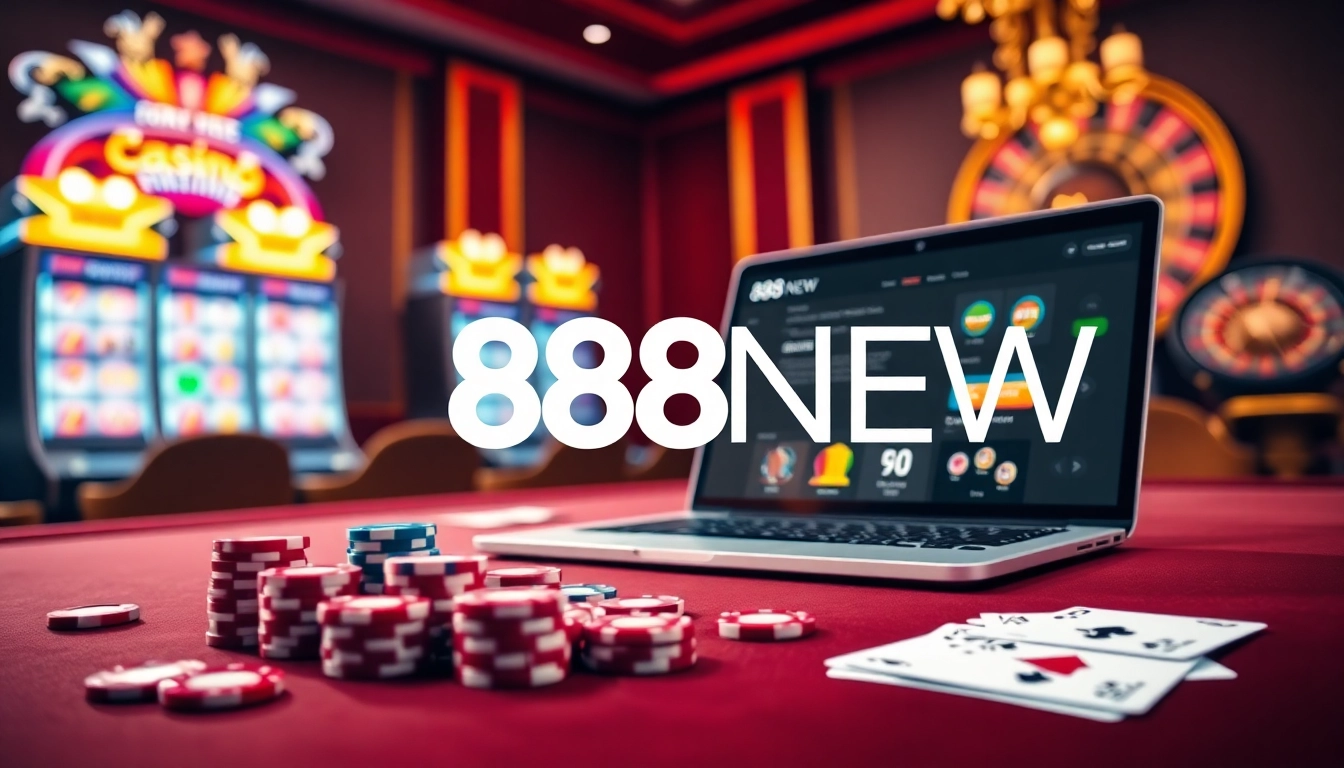 An immersive gambling scene featuring the 888NEW logo with poker chips, cards, and a roulette wheel.