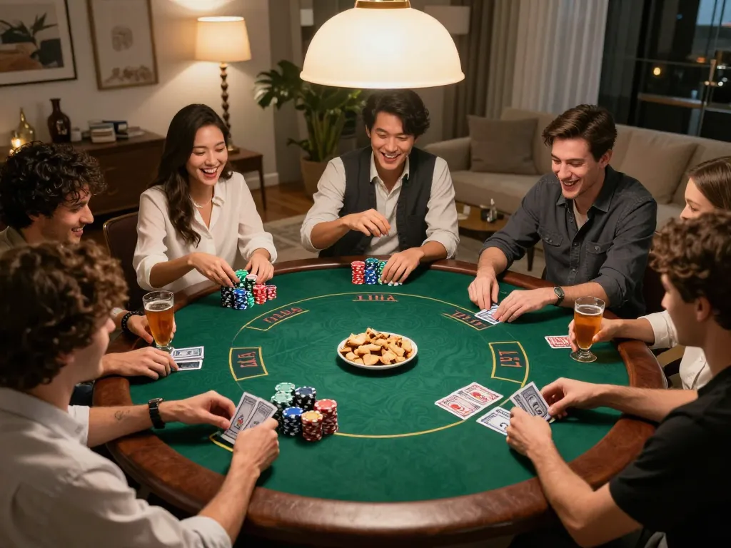 Friends playing poker at home with TIP88 chips and cards, creating a lively and engaging atmosphere.