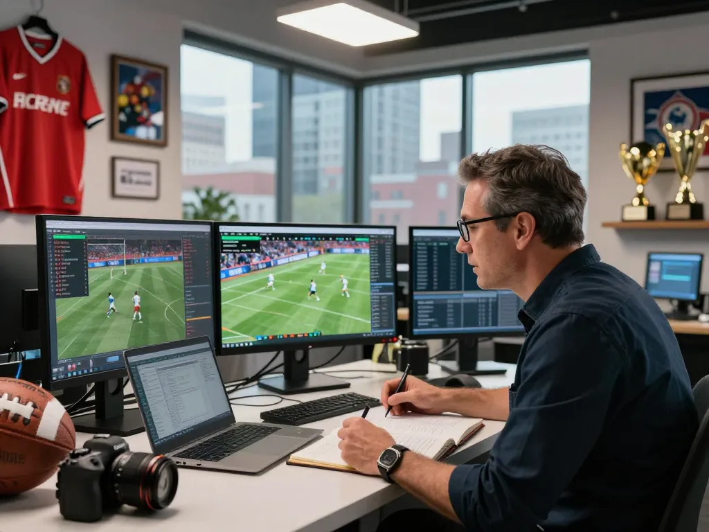 Dynamic sports analysis scene with real-time nowgoal updates and passionate analyst.
