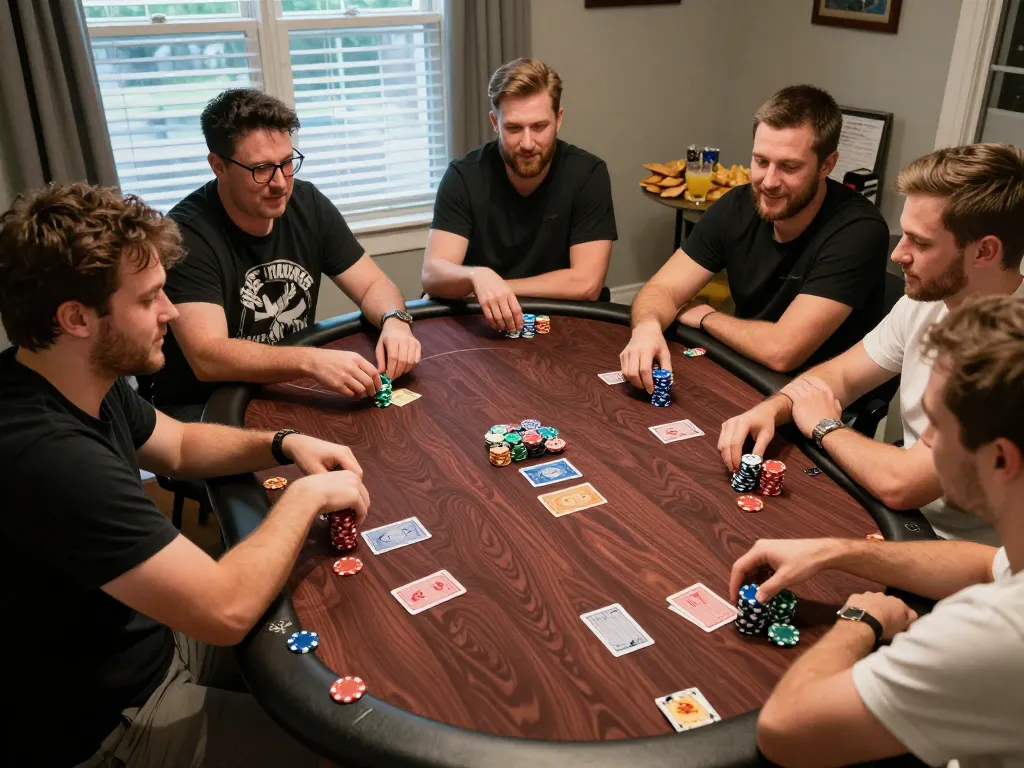 Engaged players enjoying a high-stakes poker game at home while using strategies with 789F