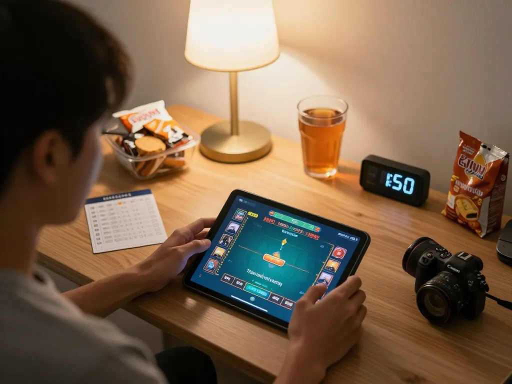 Player engaging in tài xỉu online game on tablet in cozy home setting with snacks and drinks nearby
