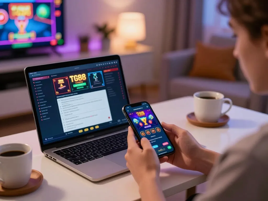 Player enjoying the TG88 con casino app on a smartphone in a cozy home setting.