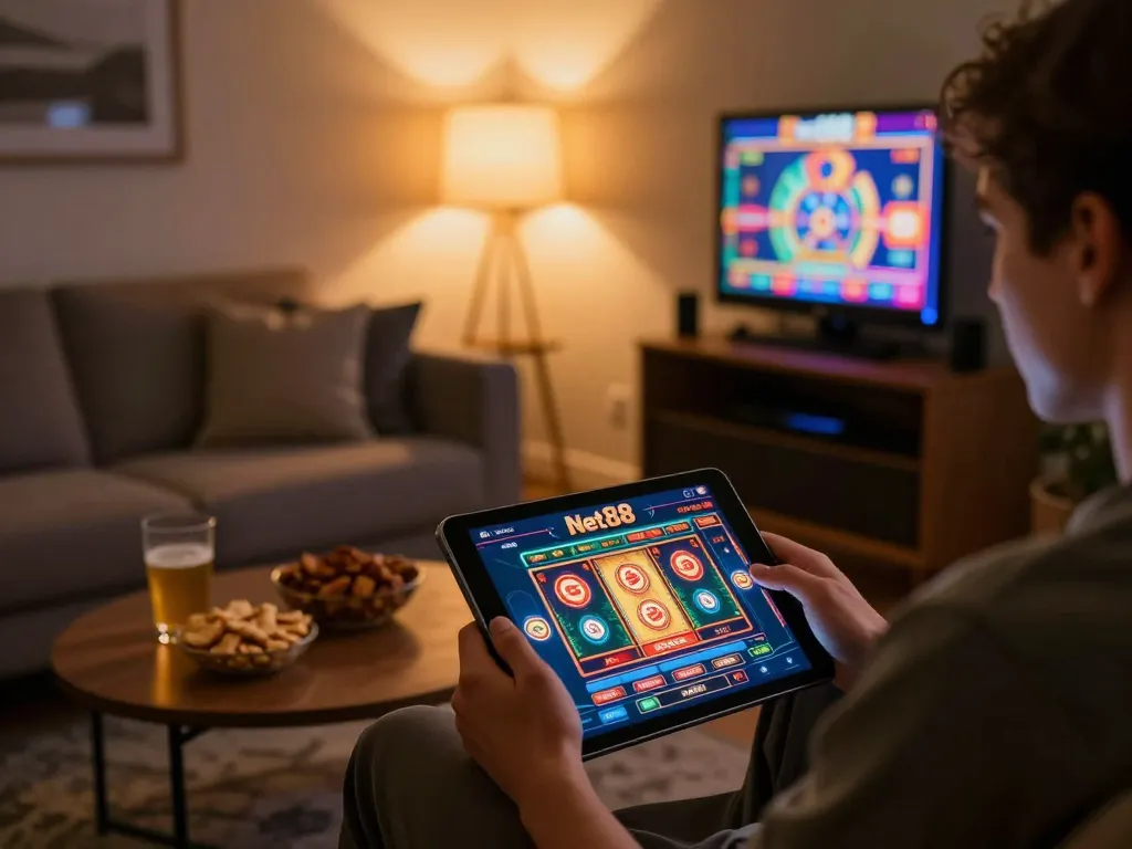 Person engaging with the Net88 casino app on a tablet in a cozy home gaming setting