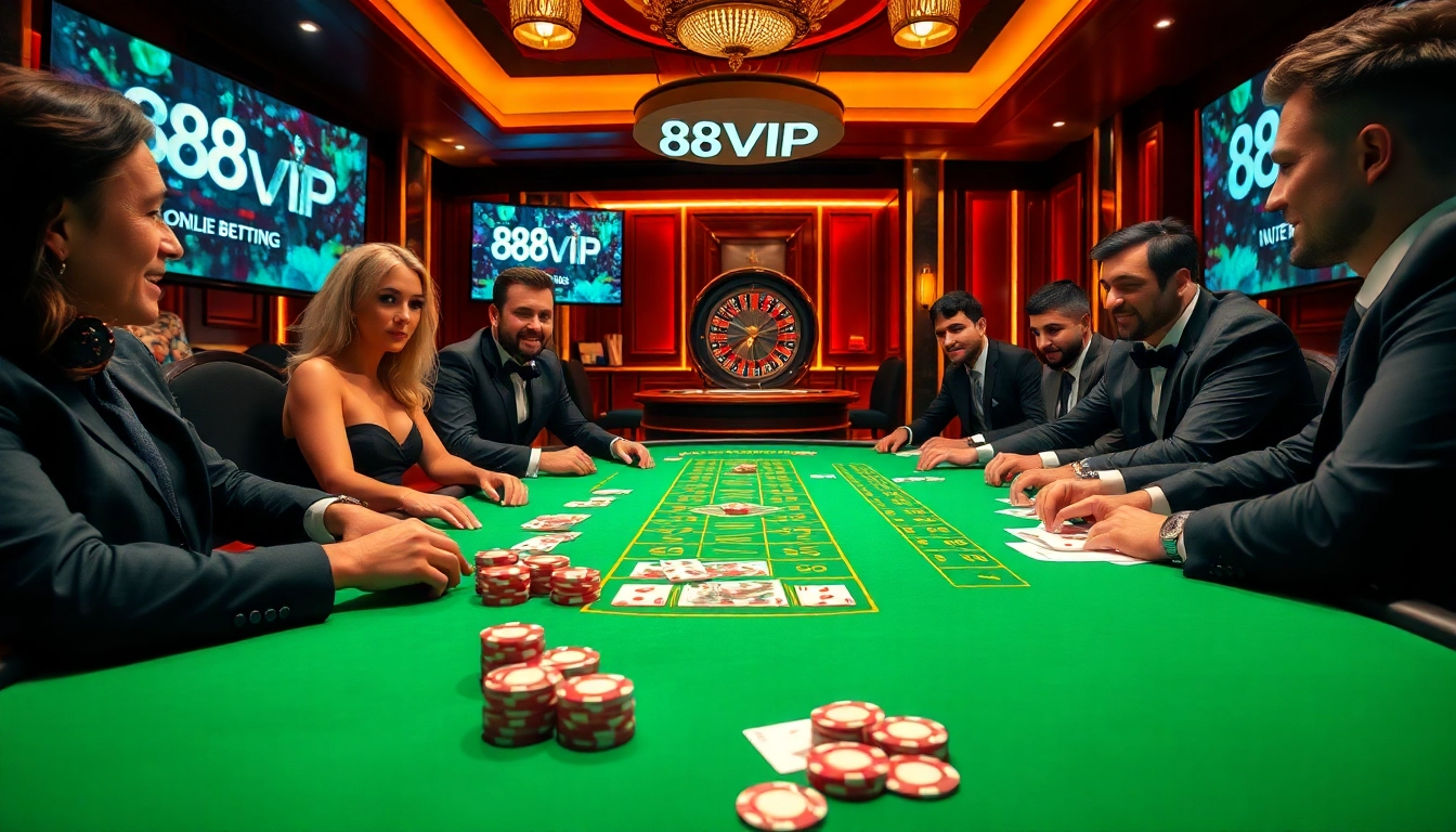 68VIP players focused on a high-stakes poker game in a luxurious casino setting, showcasing excitement and sophistication.