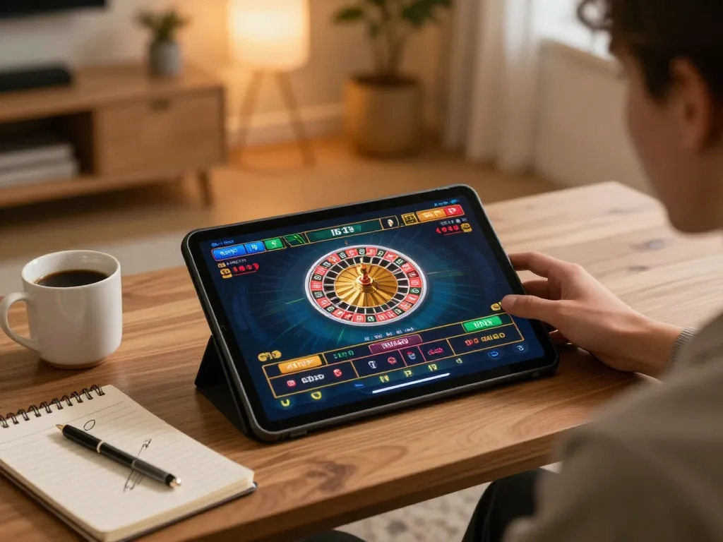 MM88 player enjoying an online roulette game on a tablet in a cozy home setting