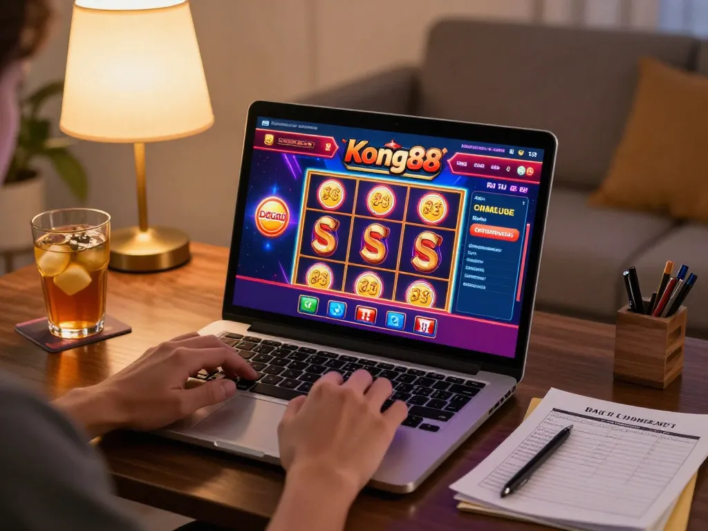 Engaging in online casino gaming at home with kong88 platform on display, showcasing vibrant gameplay for a strategic experience.