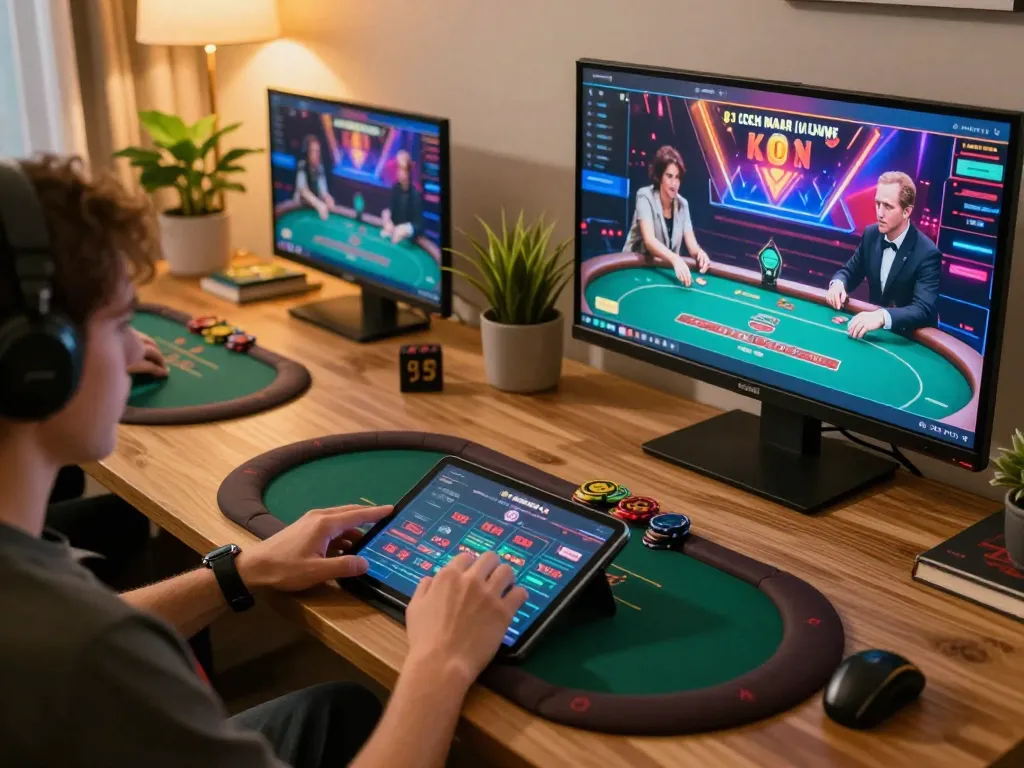 Enjoying fun88 online poker gameplay on tablet in a cozy gaming setup