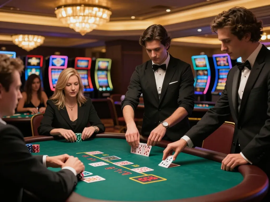 Players strategize their bets at an upscale blackjack table in the du88 casino, showcasing thrilling gameplay.