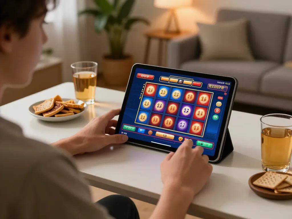 Player engaging in online slots on qh88go tablet, showcasing dynamic gameplay in a cozy setting.