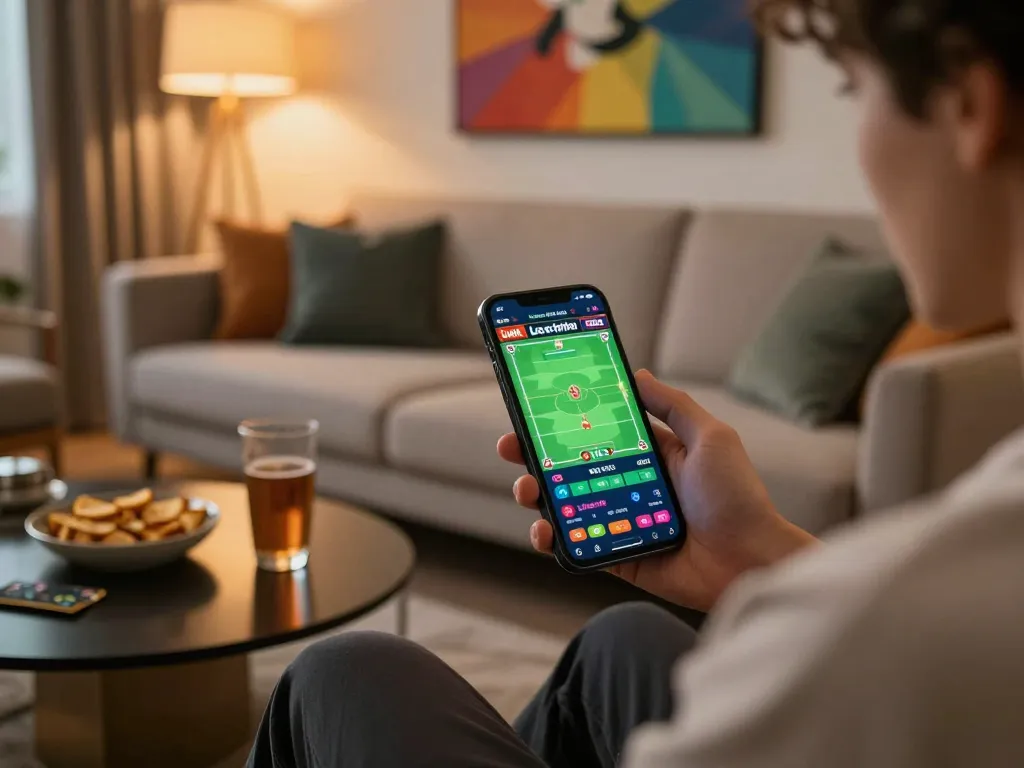 Experience the thrill of Link mới Lucky88 through mobile sports betting in a cozy home setting.