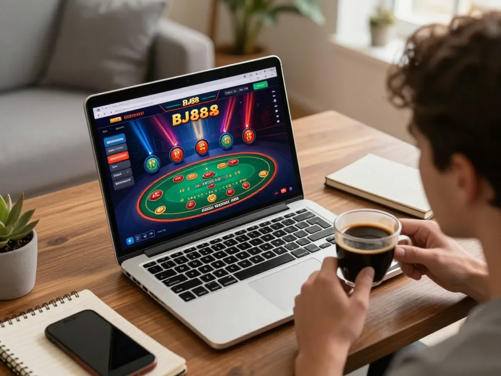 BJ88 player betting online in cozy home setting, showcasing a laptop gaming interface and comfortable ambiance.
