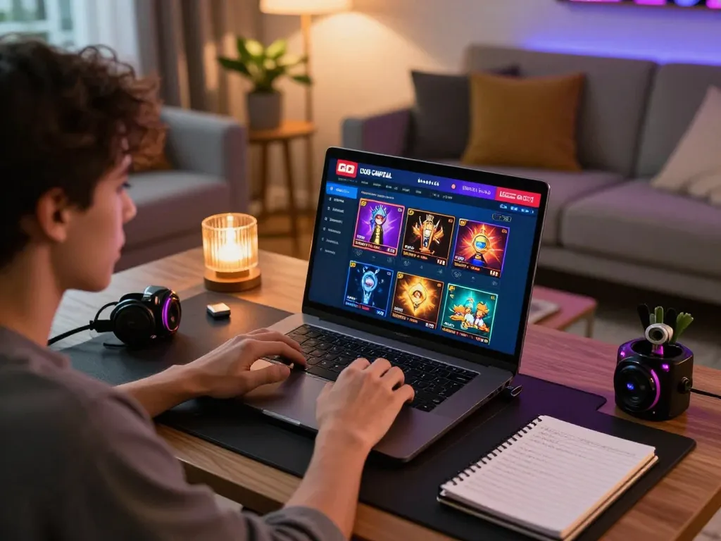 Engaging online gaming experience with GO8 CAPITAL casino interface on laptop, surrounded by gaming essentials.