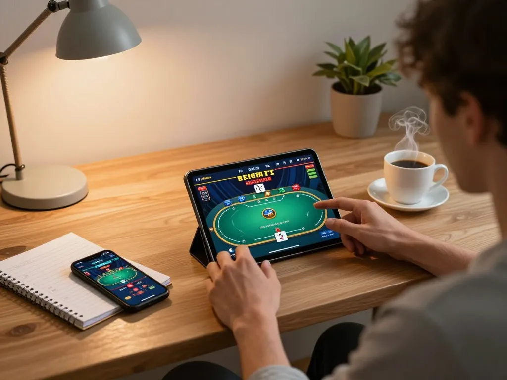 SIN88 poker player enjoying strategic gameplay on a tablet at home, showcasing engaging betting strategies.