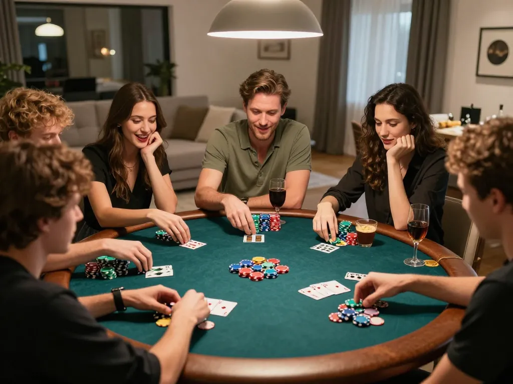 Bong88 players strategizing and enjoying a home poker night surrounded by drinks and snacks.