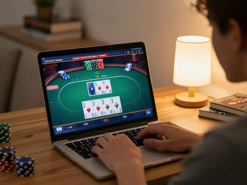 tic88 player engaging in a poker game online, laptop screen showing cards and chips in a cozy home setting