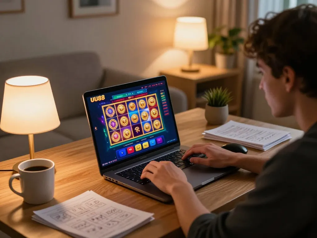 Player engaging with UU88 online casino on laptop with poker and slots screens