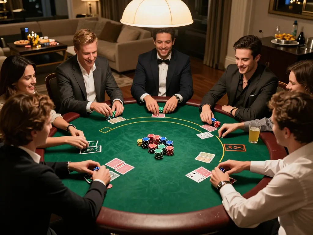 Friends enjoying a lively game of Texas Hold'em at home, showcasing the 789win club atmosphere.