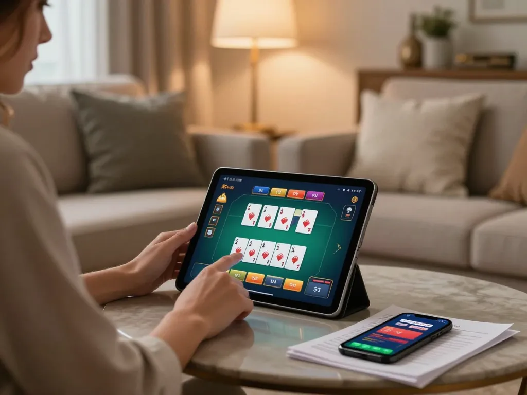 Player enjoying go8 online casino poker from home with tablet and strategy notes.
