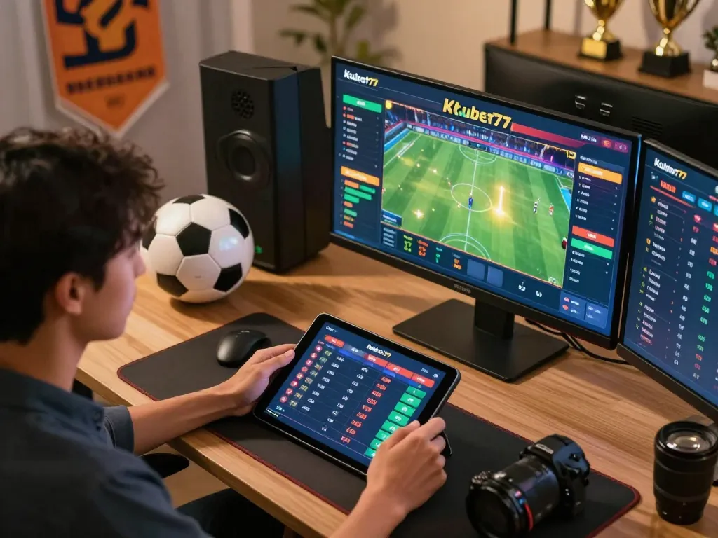 Engaged player analyzing kubet77 live betting odds during an exciting sports match, showcasing a modern gaming setup.