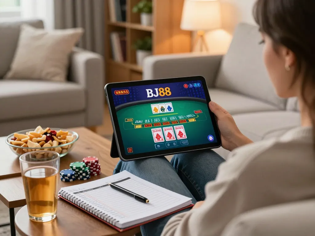 Engaged player enjoying live dealer blackjack on BJ88 tablet at home, highlighting online gaming atmosphere.