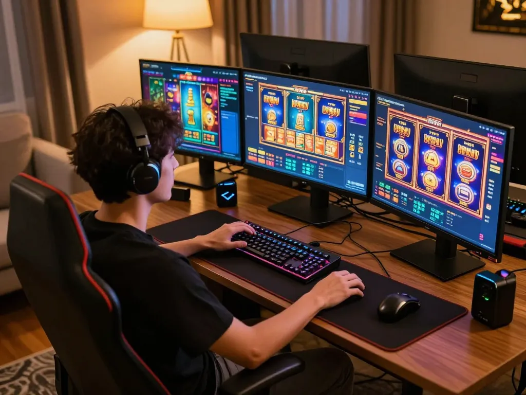 Pucuk138 user enjoying exciting online slot gameplay on a stylish gaming setup.