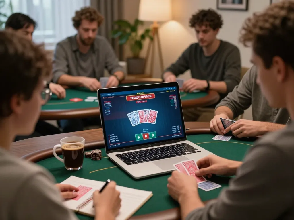 Players engaging in online poker with multiple screens, showcasing lv88seo strategies in a cozy home setting.
