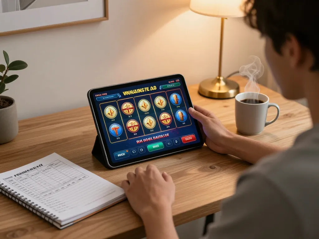 Bermain permainan toto slot di tablet dalam lingkungan rumah yang nyaman
