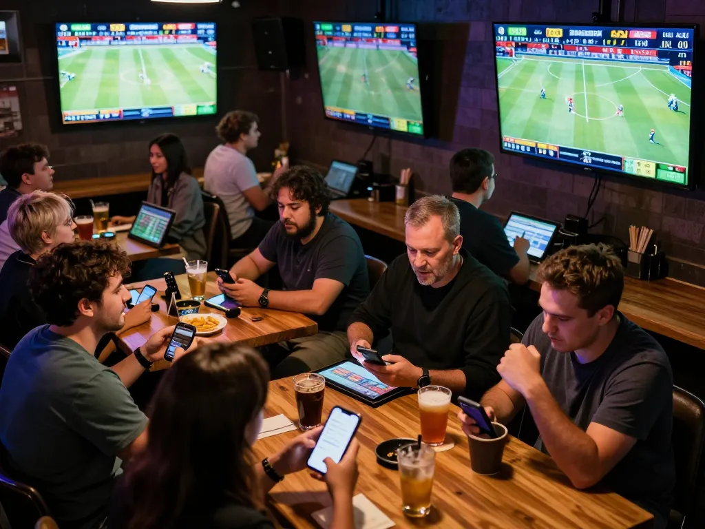 Patrons placing bets on sports events using tablets while enjoying a lively atmosphere at sky88.
