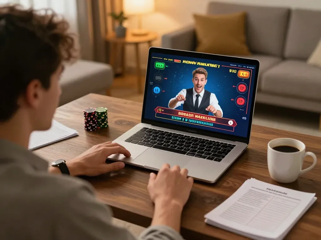 Player engaging with 58wiin online casino games from a cozy home setting, showcasing responsible gaming.