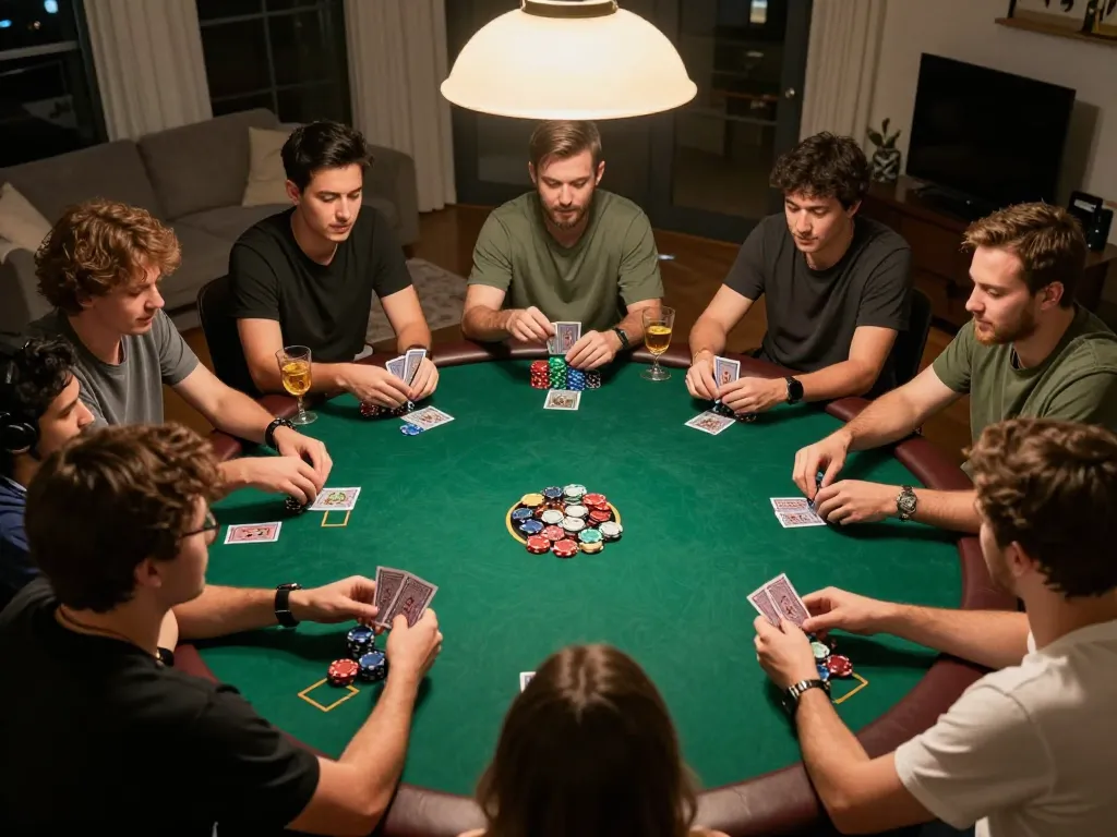 Rachit enjoying a home poker night with friends at a round table, showcasing intense gameplay and strategic betting