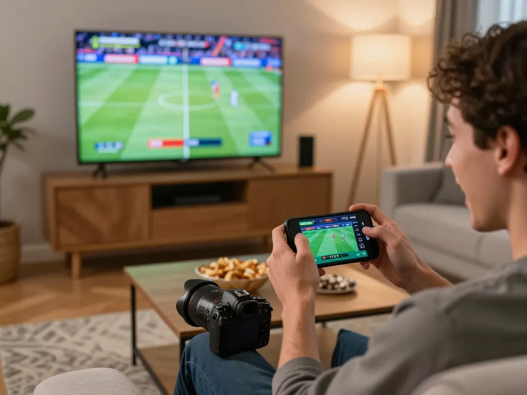 Engaged player using mobile app for keo nha cai while watching live sports match at home, showcasing active sports betting excitement.