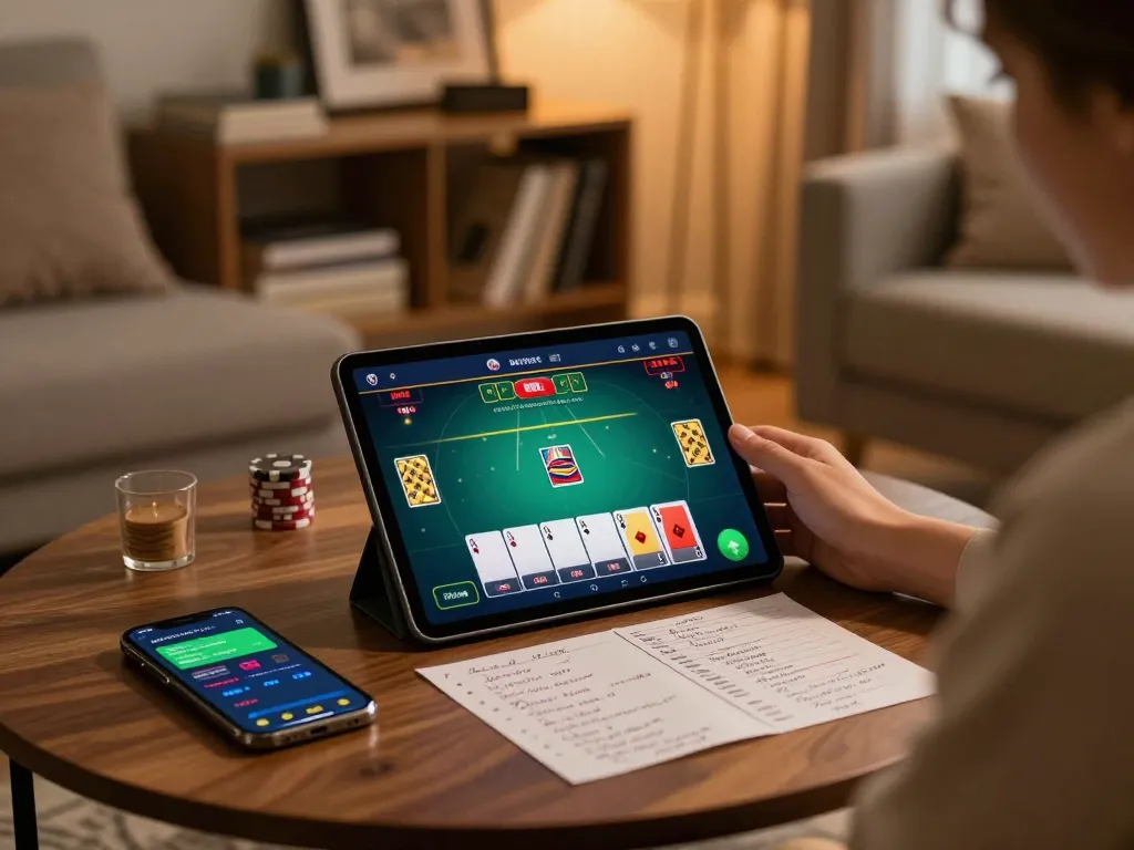 Person engaging in online gaming on 79win tablet, showcasing poker strategy notes and casino app.