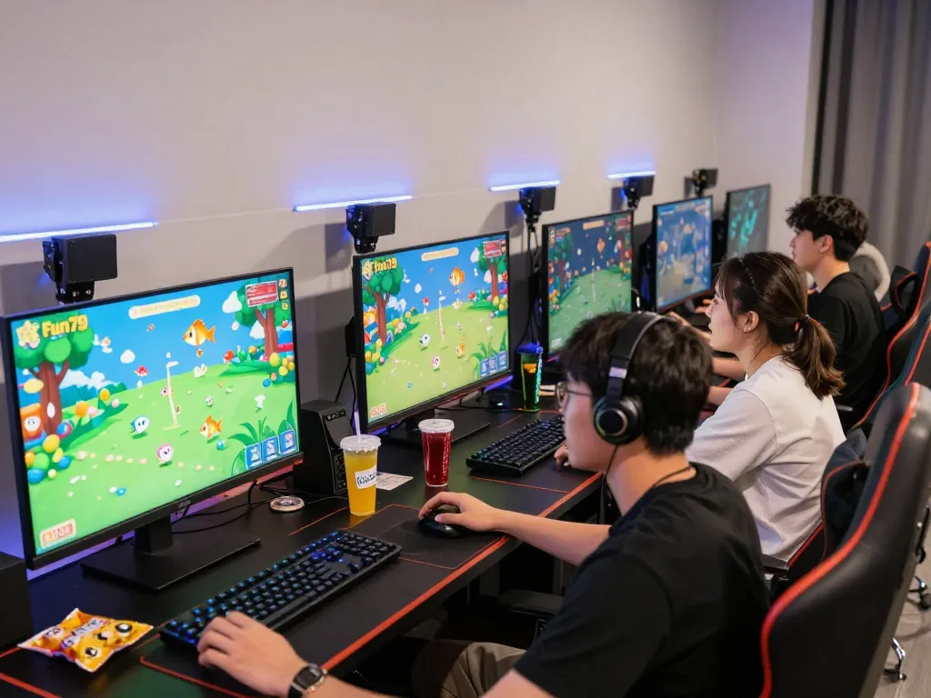 Engaged friends playing Fun79 online games with vibrant displays and snacks.